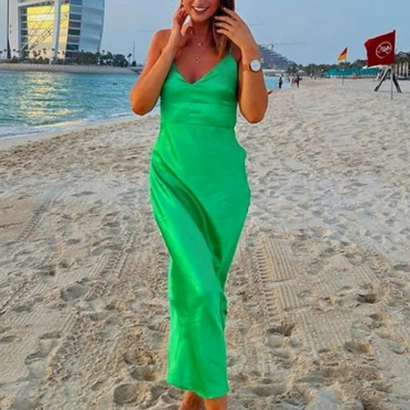 Zara Satin Effect Camisole Midi Strappy Dress Bloggers Fav Green NWT Size Small - Picture 2 of 11